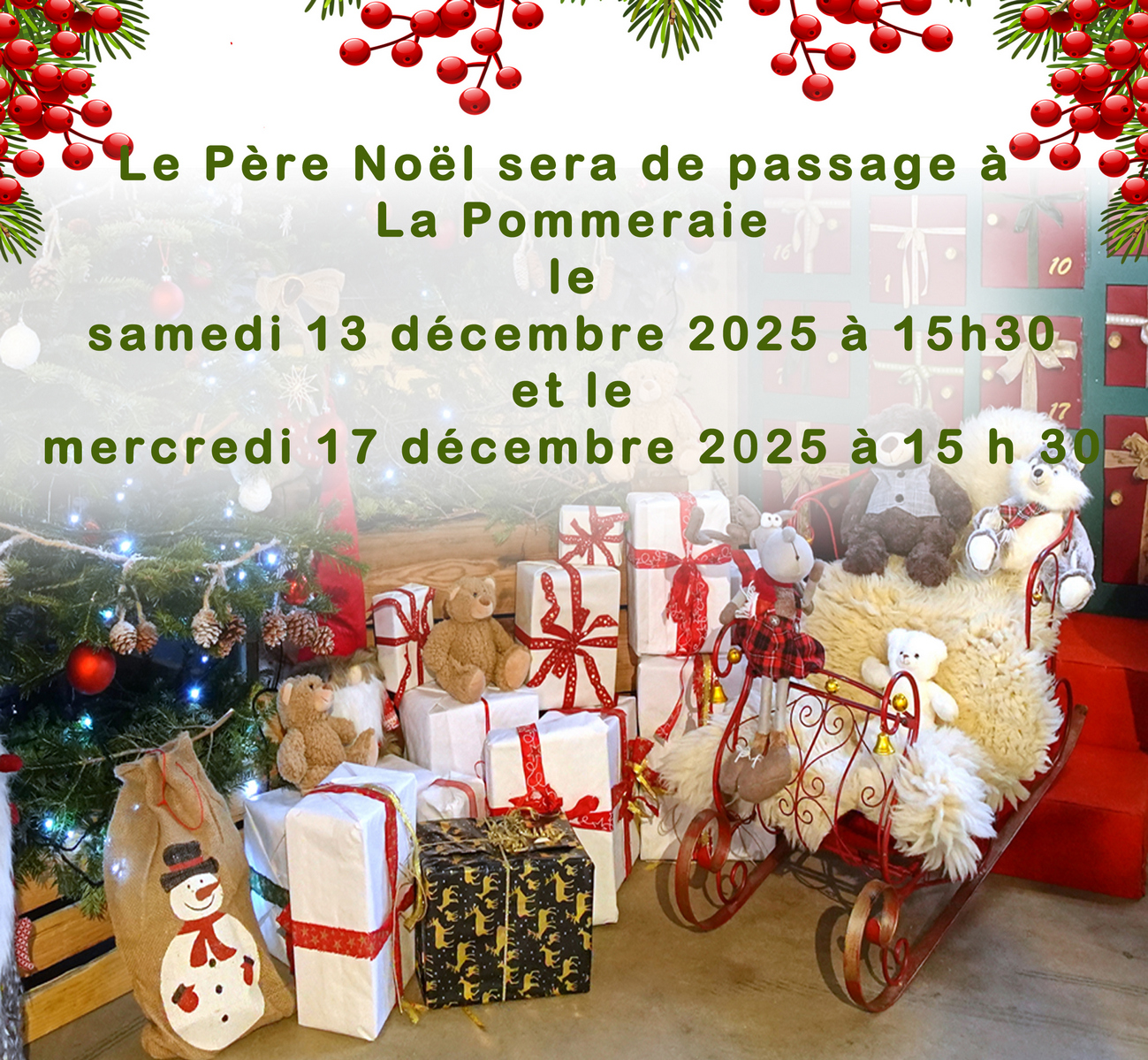 Le Père Noël sera de passage à La Pommeraie les 13 et 17 décembre 2025 de 15 h 30 à 16 h 30